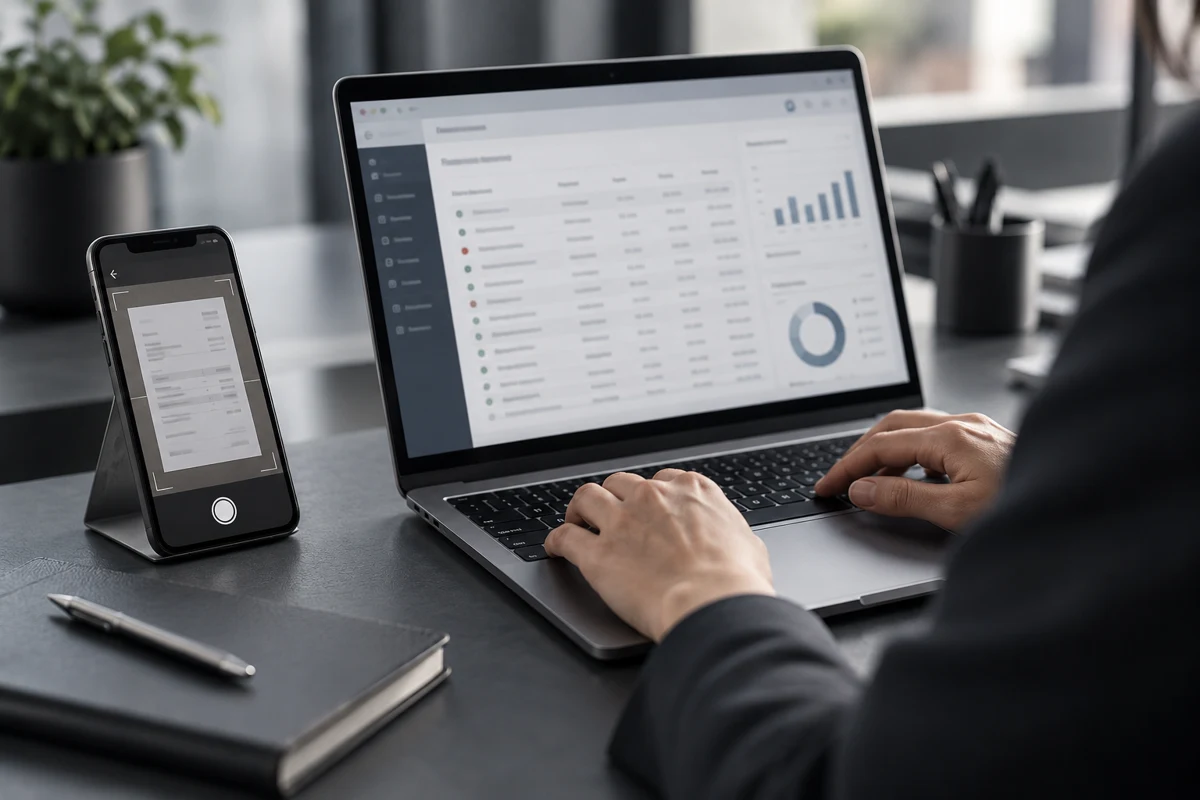 Digitale Finanzbuchhaltung am Laptop mit Belegerfassung per Smartphone