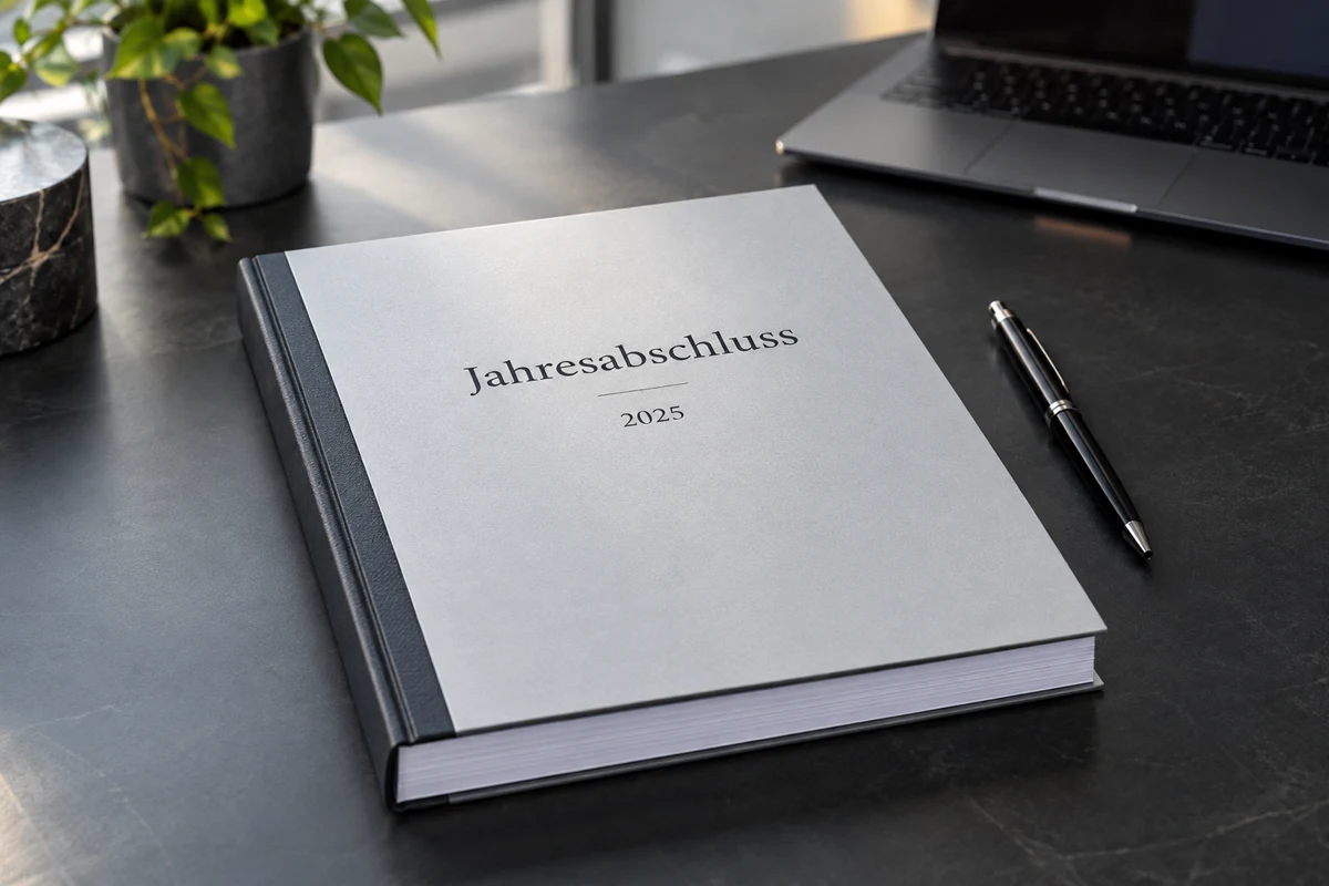 Professionell gebundener Jahresabschluss auf einem aufgeräumten Schreibtisch